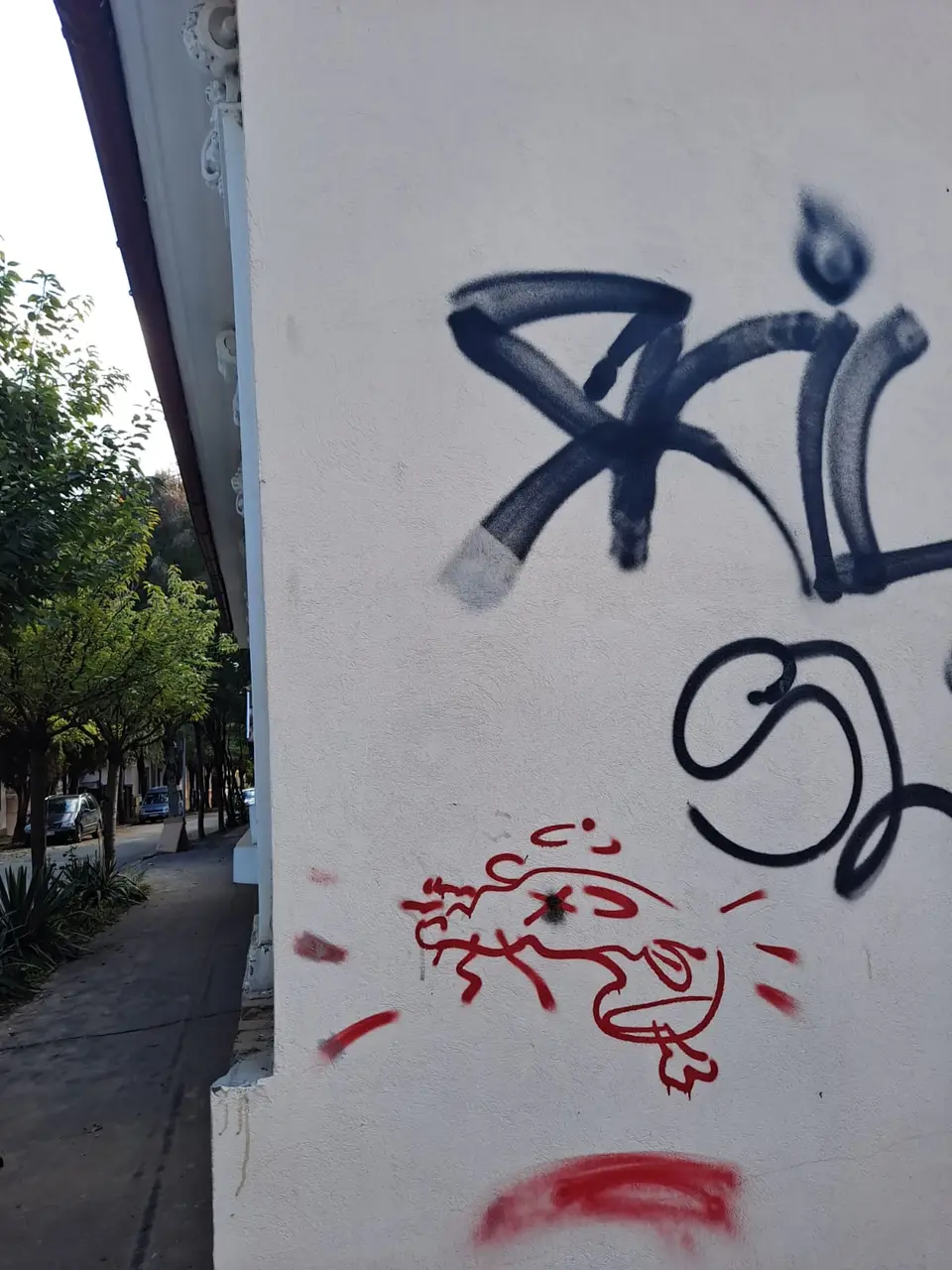 Graffiti pe zidul unei case istorice, înainte de curățarea cu laser